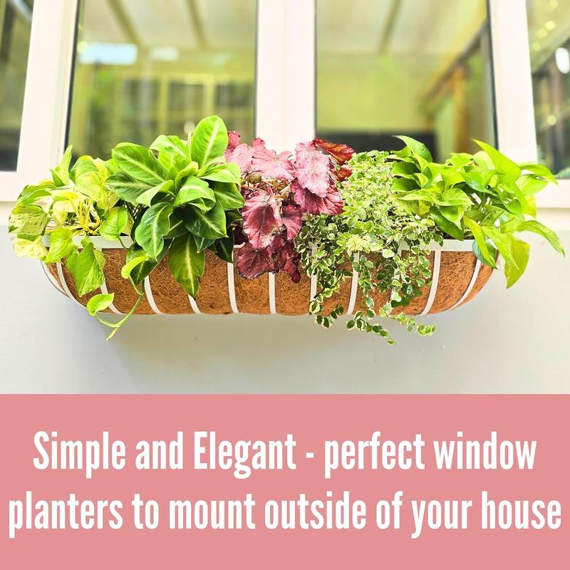 LaLaGreen Window Planter Box (24 Inch, 2 Pack) White Metal Deck Railing Flower Boxes with Coco Liners, Rectangular Wall Planters for Outdoor Plants Horse Troughs Fence Balcony Garden Herb Patio Porch