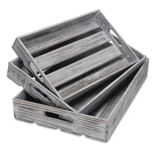 360 Stand Traditional 19 in. Rectangular Handcrafted Wooden Farmhouse Tray with Handles, Gray Food-Safe Home Organiser Storage Trays (Set of 3), Boxes