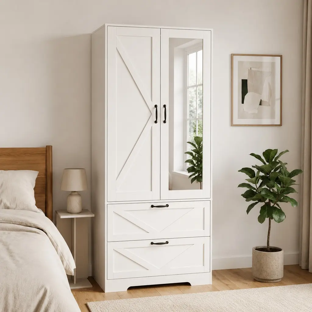 2 Door Wood Wardrobe Closet with Hanging Rod and 2 Drawers for Bedroom Storage, White Particle Board Cabinet with Induction Light and Mirror, Freestanding Organizer for Clothes, 31.5W x 19.68D x 71.65H, White Color Options, Particle Board Materi