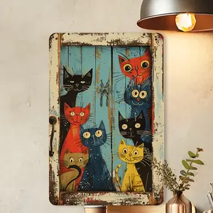 Funny Peeking Cats Metal Sign, Whimsical Colorful Kittens Wall Art, Rustic Farmhouse Window Decor, Cute Cat Lover Gift Plaque