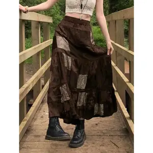 Women's Colorblock Patchwork Print Elastic High Waist Flared Velvet A-Line Skirt Street Boho Style For Daily Vacation Party Spring Fall Winter Bottoms