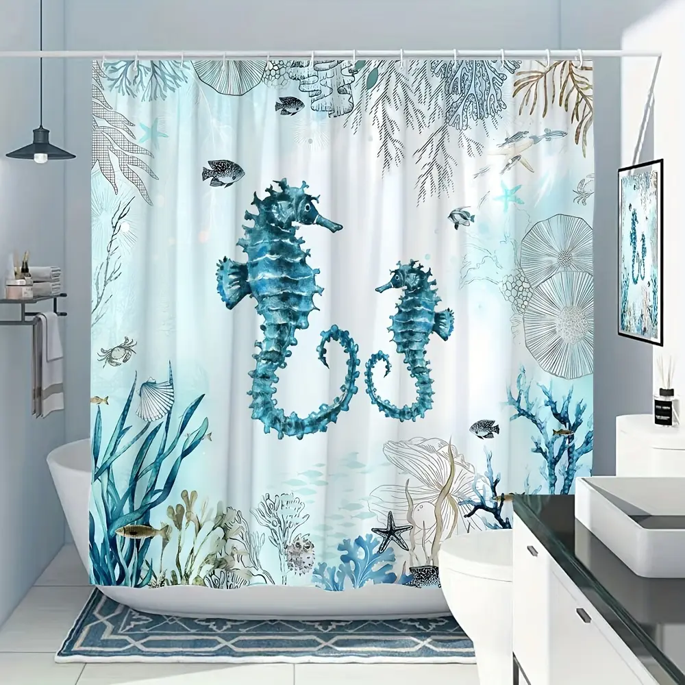 Ocean Turquoise Blue Coral Seaweed Shower Curtain, Waterproof Decorative Bathroom Decor, Striped Design, Wall Mounted, Casual Style, Bathroom Decoration Accessories