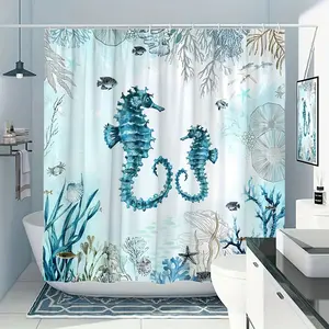 Ocean Turquoise Blue Coral Seaweed Shower Curtain, Waterproof Decorative Bathroom Decor, Striped Design, Wall Mounted, Casual Style