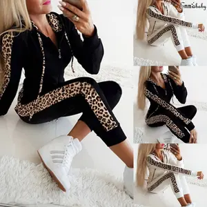 Women's Leopard Print Hooded Zipper Long Sleeve Pants Sports Suit