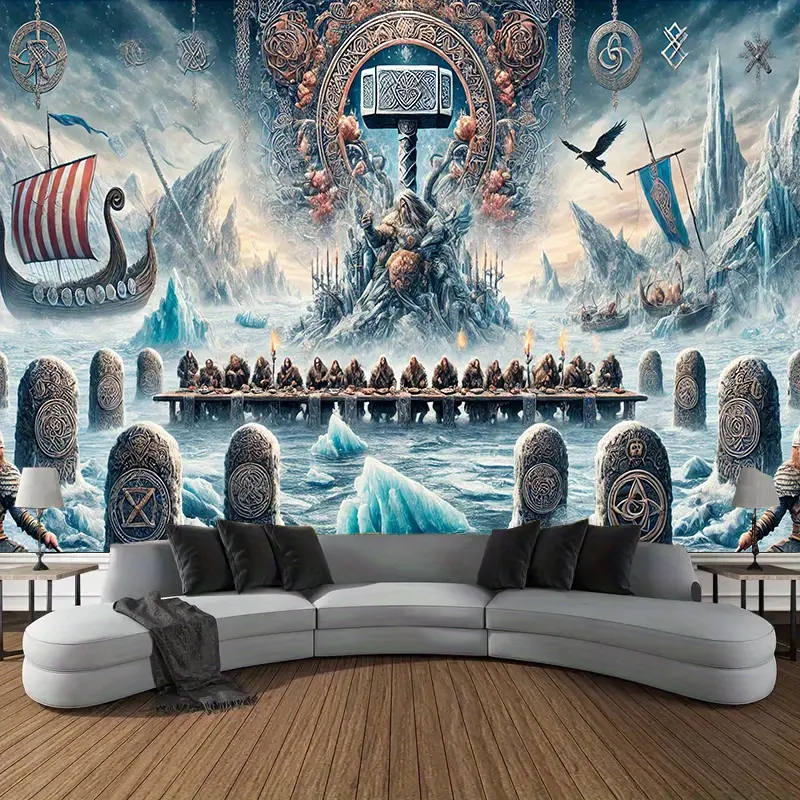 1pc Oversized Viking Tapestry - Norse Longhall Gathering, Ships, Hammer Mjolnir, Throne - Durable Polyester Hanging Wall Decor for Living Room, Indoor Use - Easy-Hang Norse Themed Home Decoration, Indoors