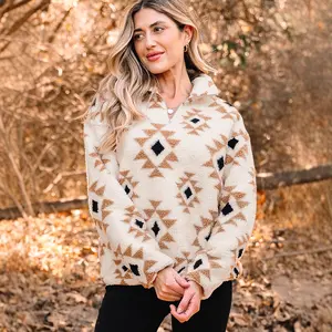 Women's Aztec Print Quarter-Zip Casual Longsleeve Vintage Fuzzy Pullover, Cozy Western Style Fall Winter Knit Outwear, Longsleeves