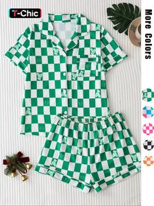 women's checkerboard print lapel neck pajama, casual comfy short sleeve button front chest pocket design top & elastic waist shorts pj set, ladies summer sleepwear, womenswear, loungewear, homewear