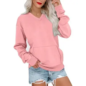 Womens V Neck Sweatshirt with Pocket Long Sleeve Fleece Pullover Sweaters Fall Fashion Oversized Sweatshirt No Hooded