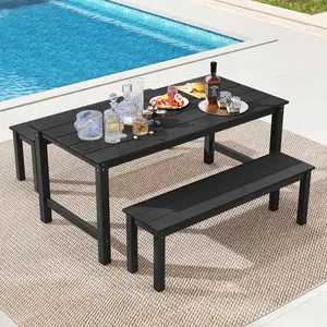 COSTWAY - 3 Pieces Outdoor Dining Table Set with 2 Benches-Black