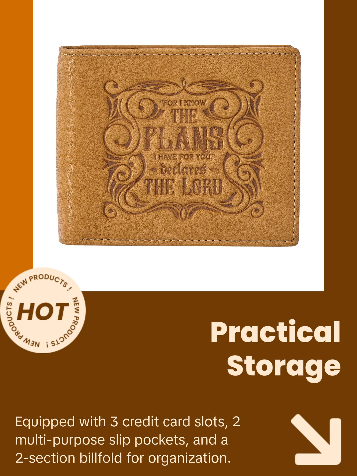 Genuine Leather Wallet for Men and Dads with Scripture Jeremiah 29:11 RIFD Blocking Multi-purpose Slots Credit Card Holders Quality Classic Saddle Tan Leather Bifold Wallet for Men