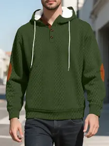 Men's solid color jacquard texture hoodie, elbow patches, quarter buttons, regular style, spliced color elbow patch design casual long sleeve top men's autumn and winter hoodie, men's clothing, men's jacquard hoodie, autumn and winter style.