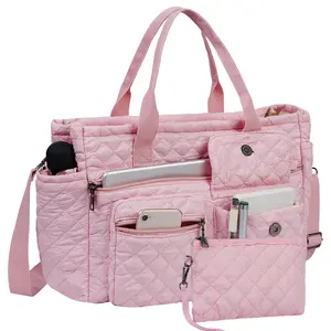 2Pcs/Set Large Lightweight Quilted Nylon Tote Bag for Women, Laptop Work Bags Crossbody Shoulder Hobo Messenger Handbag Purse Travel Gym Totes