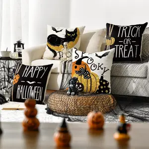Halloween Cushion Covers Set, Blue Squash Cat Bat Design, Zipper Closure, Home Decor Sofa Car Outdoor Seat Pad, 45x45cm, 4 Pieces