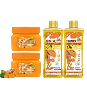 Turmeric Massage Oil and Turmeric Scrub 2-Piece Set for cleansing, moisturizing, skin cassage. Cosmetiare, and mcs are comfortable, gentle, and nourishing.