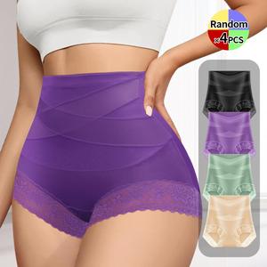 QUASTI Women's 4PCS High Waist Lace Panties, Crossover Design Comfortable Smooth Fabric Briefs, Soft Solid Color Breathable, High Elasticity, Hip Lifting No Show Sweet Underwear, S-XXL, Random Color Shipping summerwins