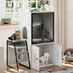 Hidden Litter Box Furniture, 2 Tier Enclosed Litter Box Furniture with Doors, Hidden Storage and Ladder