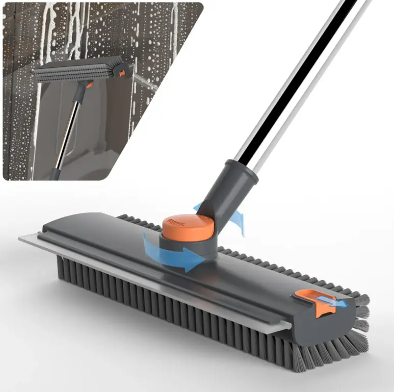 Floor Scrub Brush, 3 in 1 Floor Scrub Brush with 52-in Adjustable Long Handle and Scraper Heavy Duty Stiff Bristle Floor Scrubber for Cleaning Shower Bathroom Kitchen Patio Garage, Grey silicone squeegee
