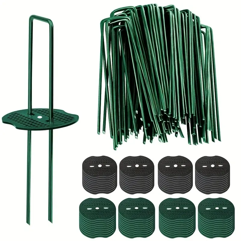 Green Lawn Sign Set with Metal Pole Garden Stakes - 50/100pcs U-shaped Rust-proof Stainless Steel Spikes (10/15.1cm), 6-in Heavy Duty Washer-equipped Floor Stakes for Weed Barrier Turf, Durable Home Improvement Garden Supplies
