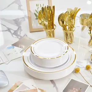 Disposable Party Tableware Set for 50 or 100 Guests – Premium Silver & Gold Trim Plates, Cups, Cutlery & Napkins, All-in-One Pack for Events & Outdoor Picnics