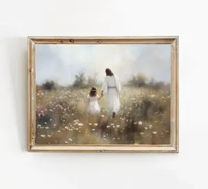 Jesus Walking with Little Girl Christian Wall Art Print, Religious Home Decor Bible Gift Wall Art Print Unframed