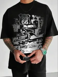 Men's Route 66 Print Round Neck Graphic Tee, Casual Loose Short Sleeve T-shirt for Summer, Men's Top for Daily Wear, Tropical