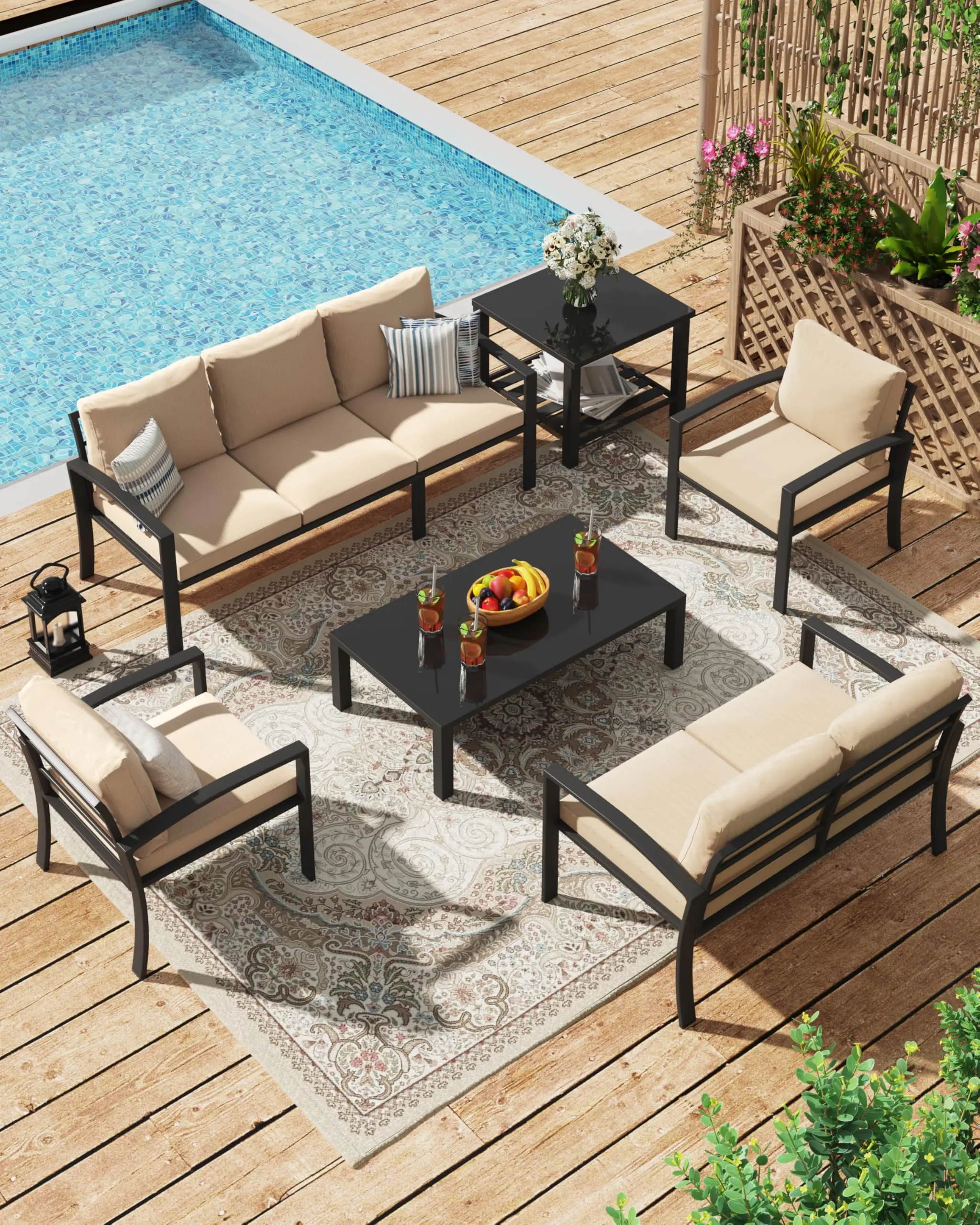 AECOJOY 7-Seat Metal Patio Conversation Furniture Set with Coffee Table & Side Table, Modern Outdoor Furniture Set with Deep Cushions for Garden, Lawn, Porch, Balcony