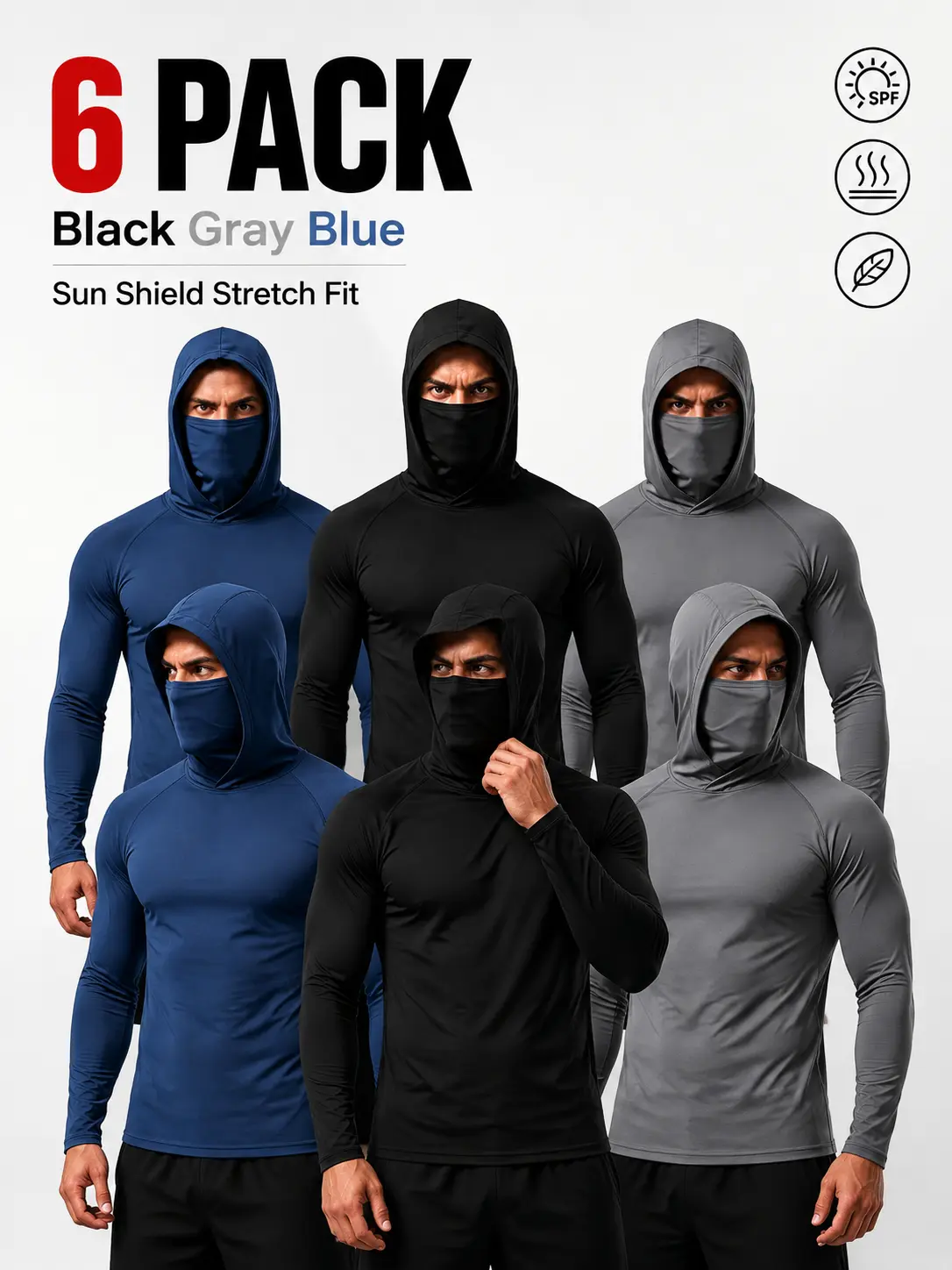 Men's Quick Dry Hooded Sports Shirt Value Pack, 6 Long Sleeve Performance Tops with Face Shield Design for Gym Workouts, Cycling, Hiking, Fishing, Hunting, Camping, Travel, Outdoor Projects and Daily Activities