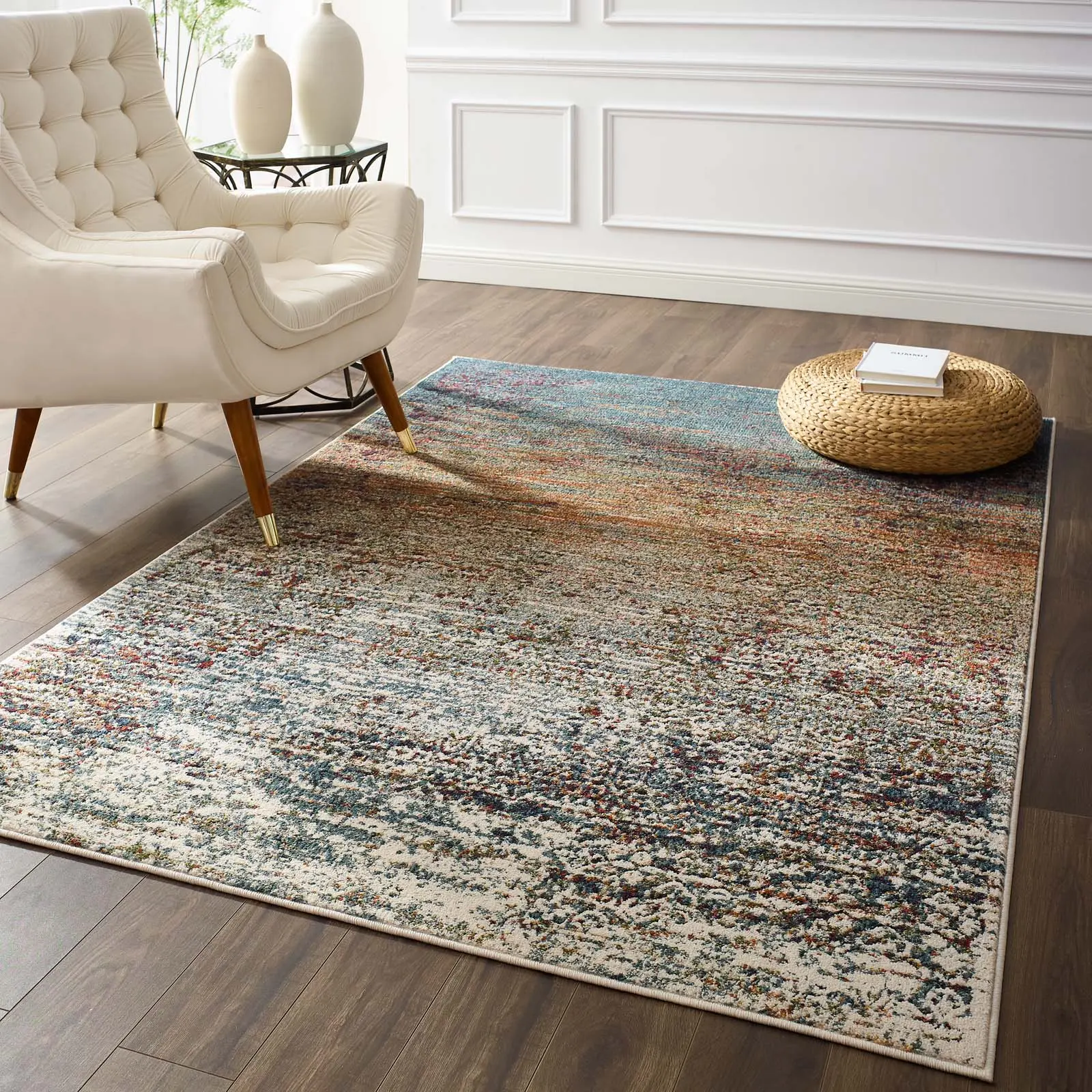Modway Tribute Jacinda Home Decor Rug - Rustic, Distressed, Vintage Lattice 5x8 Multicolored Area Rug, Home Decor Rugs