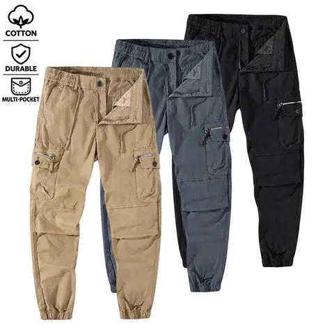 Men’s pure cotton multi-pocket cargo pants—casual, wrinkle-resistant long trousers with buttons and zippers; outdoor street tactical pants for a casual, stylish everyday look; spring/autumn outdoor work trousers.