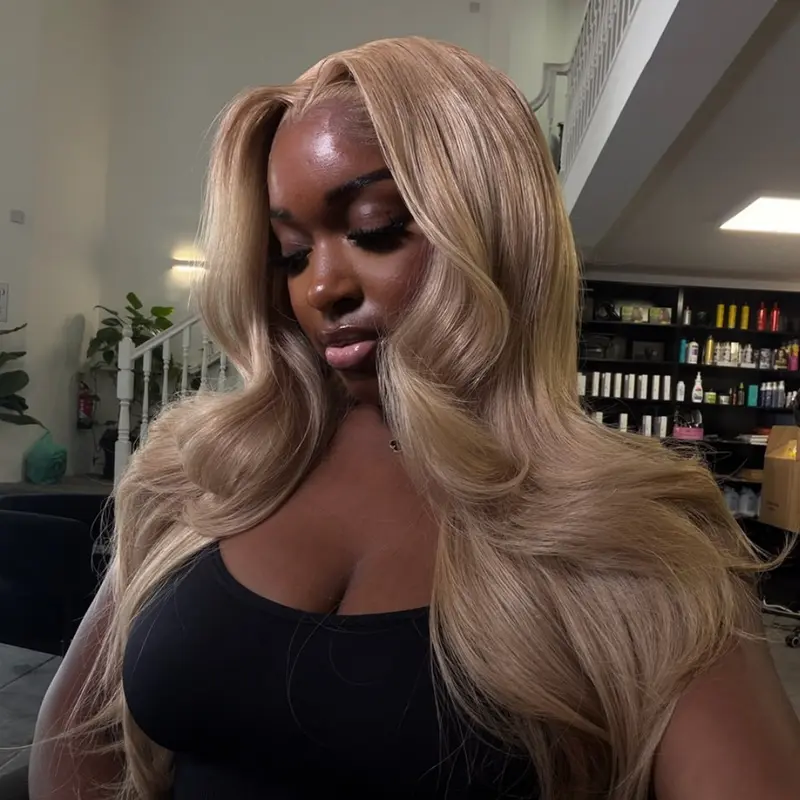 Honey Blonde Colored for Women 13X6 Lace Front Body Wave Human Hair Wigs Milk Tea Blonde Colored 200 Density Lace Front Human Hair Wigs Pre Plucked
