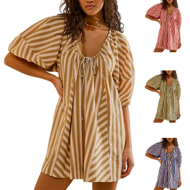UANEO Womens Striped Romper Casual Loose Puff Sleeve Wide Leg Jumpsuit Overall with Pockets SummerVibes UANEO Womens Striped Romper Casual Loose Puff Sleeve Wide Leg Jumpsuit Overall with Pockets SummerVibes