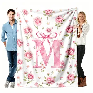 Watercolor Rose Initial Flannel Throw Blanket, Pink Floral Bow Letter Pattern Soft Cozy Warm Nap Blanket for Couch Bedroom, Personalized A-Z Gift for Her Girlfriend, Christmas Birthday Mother's Day Present