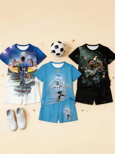 Boys' Messi World Cup Memorial Three-Piece Sports Set, Argentina Team Theme, Fashion Outdoor Wear, Birthday Gift, Holiday Gift