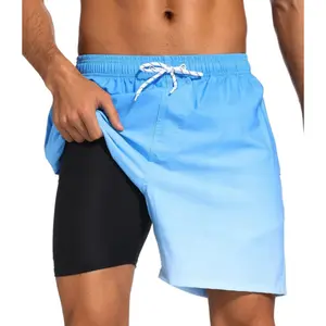 Men's Quick Dry Shorts Swimming Trunks Gradient with Compression Liner Bathing Suit Swim Shorts with Zip Pockets