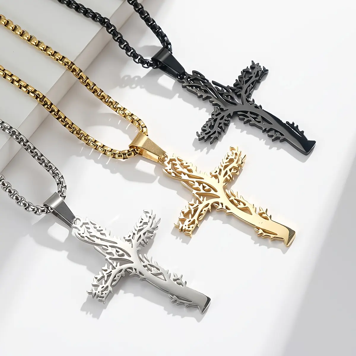 Minimalist Unisex Hypoallergenic Stainless Steel Necklace - Dainty Cross Charm, Tree of Life Pendant, Fashion Costume Jewelry Accessory for Pendant Necklace Enthusiasts, Dainty Cross Necklace