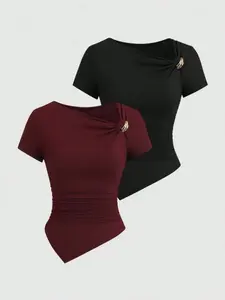 Women's Plain Knit Casual Asymmetrical Neckline Metal Decorative Button Slim Fit Short Sleeve Top, Daily Fashion Versatile