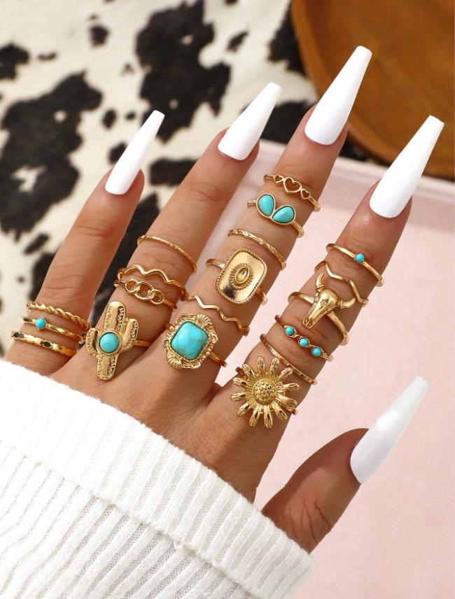 19pcs Western Cowgirl Ring Set Cactus Turquoise Sunflower Stackable Rings