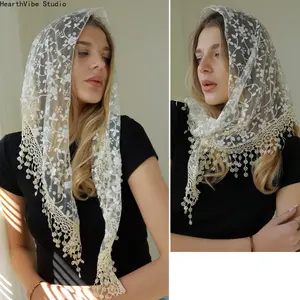 Vintage Embroidered Scarf Lace Shawl - Soft Sheer Mesh Catholic Church Headscarf with Tassels, Elegant Infinity Accessory for Mass & Prayer