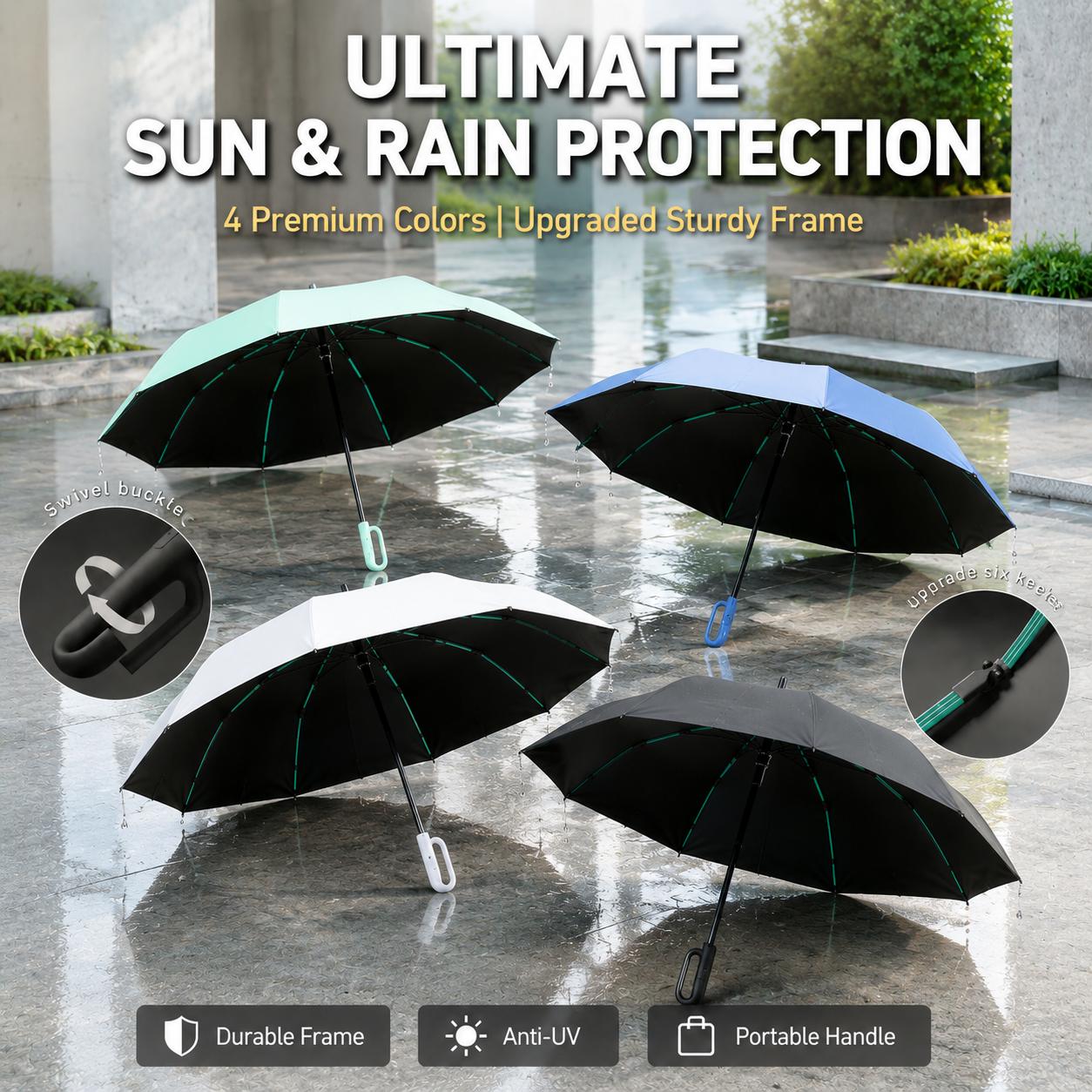 14 in Automatic Open & Close Folding Rain & Sun Umbrella, Ring Handle, Waterproof Windproof Lightweight Portable for Men & Women