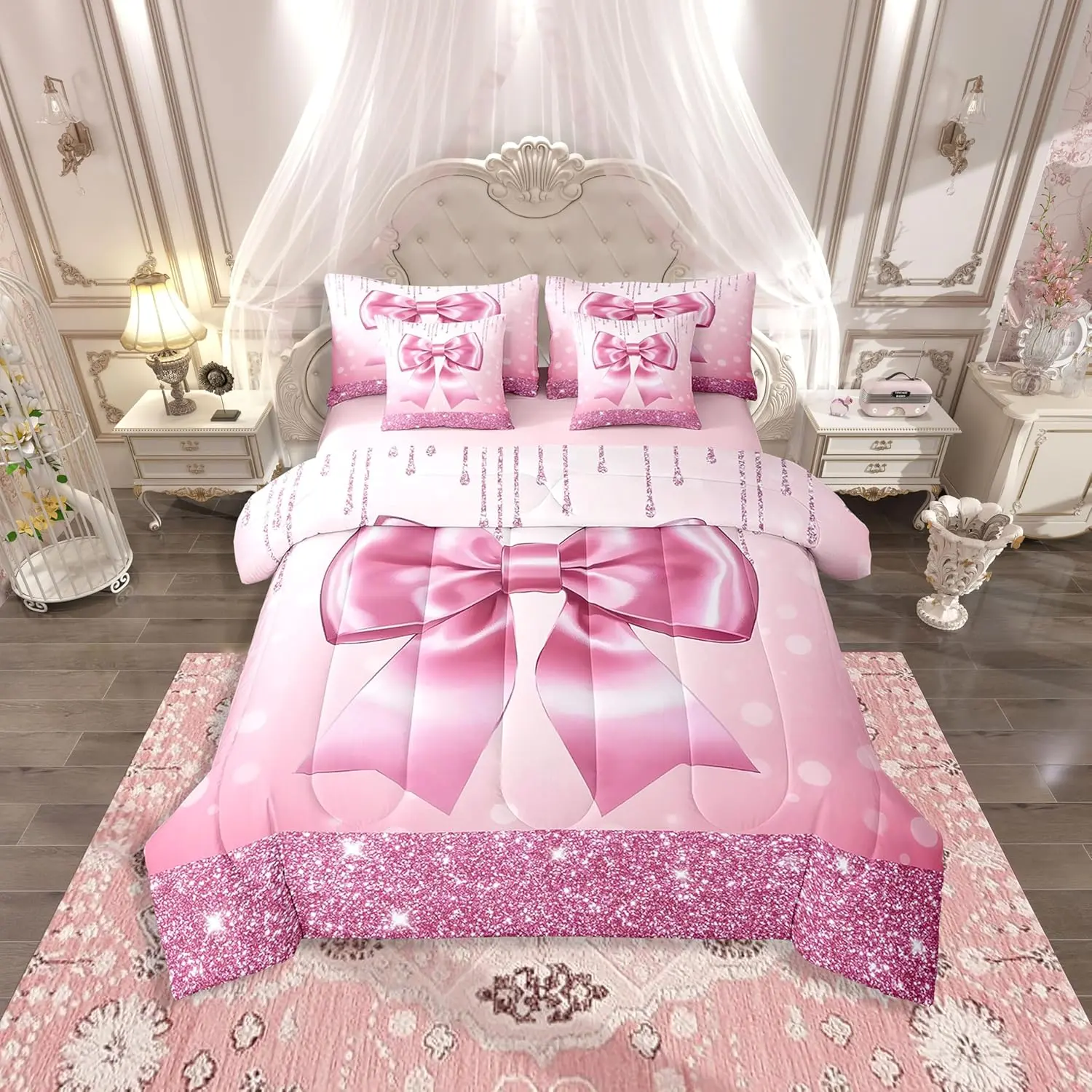 Feelyou 7-Piece Microfiber Soft Bedding Set - Blush Pink Romantic Bow Comforter Set with Sheets, Floral Blanket, Preppy Bed-in-A-Bag for Teen Girls (Multi-Size), Bed Comforter Set