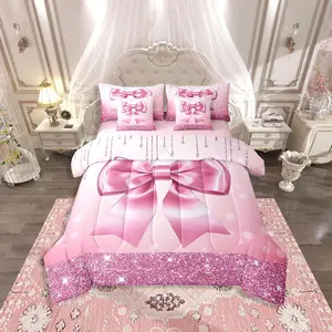 Pink Bow 7 Pieces Bedding Set,Teen Girl Coquette Bow Comforter Set,with Sheets,Trendy Modern Fashion Preppy Bed in A Bag