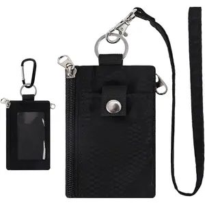 MASAPHlL Small Lanyard Wallet for Women/Men with RFID Blocking ID Card Wallet, Minimalist Nylon Zipper Pouch, Travel Neck Wallet with Keychain, ID Window for Card,Coin,Cash (Black)