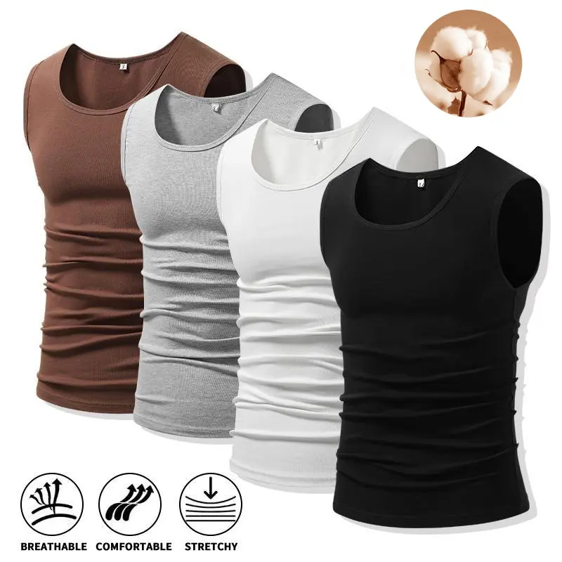 Men Cotton Muscle Tank Tops Comfort Stretchy Breathable Summer Workout Sleeveless Sports Undershirts (optional sets of 4 or 2) High Elasticity Lifestyle Beater casual shirt singlets outfit