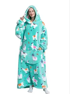 Elegant Long Padded Kawaii Print Sleepwear, Hoodie Loungewear, Loose Fit Soft Comfortable Design, with Pocket & Hat, Fall Winter Home Wear, Hooded Wearable Blanket