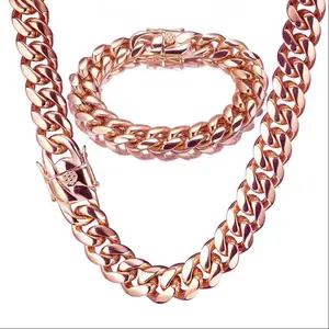 Miami Cuban chain necklaces and bracelets made from high-quality stainless steel, featuring a rose gold vacuum nano coating, with chunky chains and a thick Cuban link design.Chain width: 14 mm, length: 7.5–30 inches.Hypoallergenic materials, fashionable