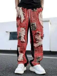 Men's cargo pants, trendy brand red and black distressed ripped cargo pants for men, high-street cool loose wide-leg pants, niche design casual long pants