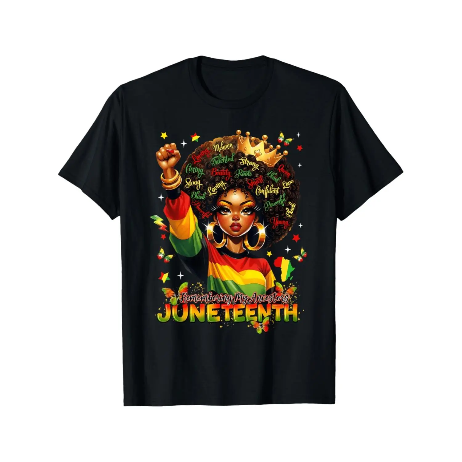Men's Juneteenth Cotton Graphic T-Shirt - Round Neck, Short-Sleeve, Afro Queen Print, Regular Fit Black Cultural Streetwear Top - Suitable for Holiday Gifts, Daily Wear, Remembering Ancestors, Shortsleeve