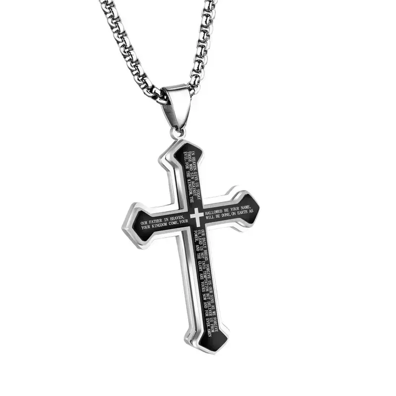 Men's Engraved Bible Verse Cross Pendant Necklace - Rust-Proof Stainless Steel Religious Jewelry,  Perfect for Gifting & Personal Style Mens Gift Men's Accessories Big Pendant And Strong Chain