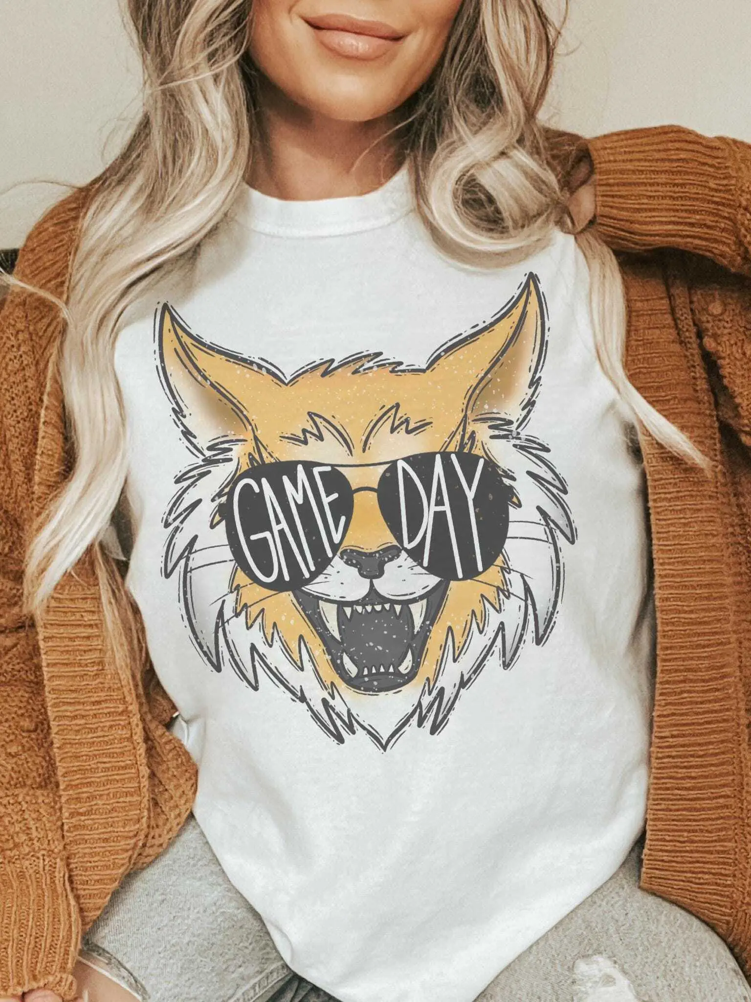 Wildcats Game Day T-Shirt: Mascot with Sunglasses Wildcat Game Day Shirt | Retro Mascot T-Shirt | Unisex School Spirit Tee | Cute Wildcat Cotton Trending