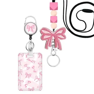 Sweet Ribbon Teacher ID Lanyard, Nurse Badge Clip, Silicone Bead Keychain, Business Card Protector, Office Gift for Nurses, Teachers, Staff